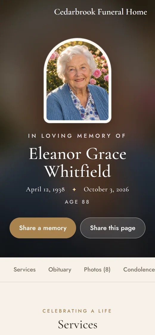 Eleanor’s memorial page on a phone: her portrait over a soft photo, Share a memory and Share this page, and the services