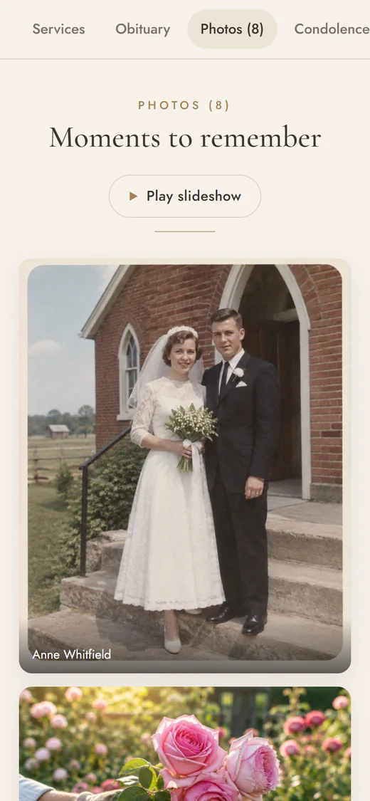 The Photos section of the page: Moments to remember, with a slideshow and the family’s photos