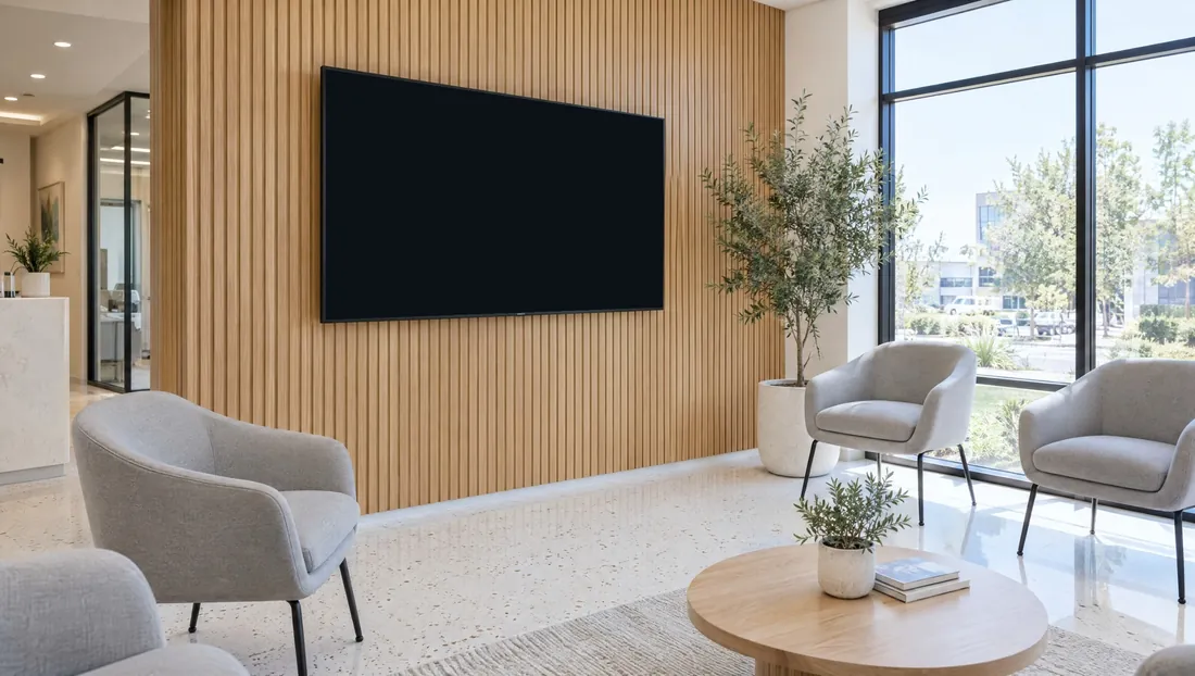 Orthodontic waiting room: One 65-inch screen: the layout with the weather and news, between full screens