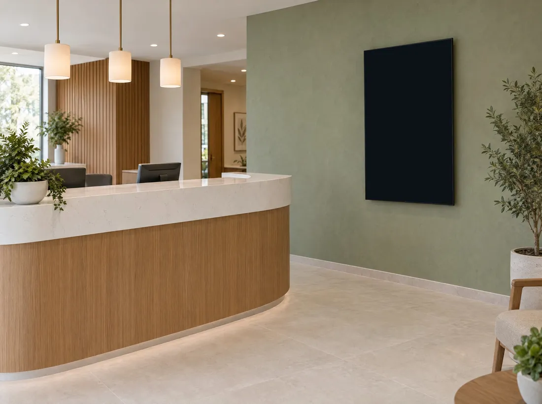 Dental reception, portrait screen: A portrait TV beside the desk: MPV shows only content made for its shape