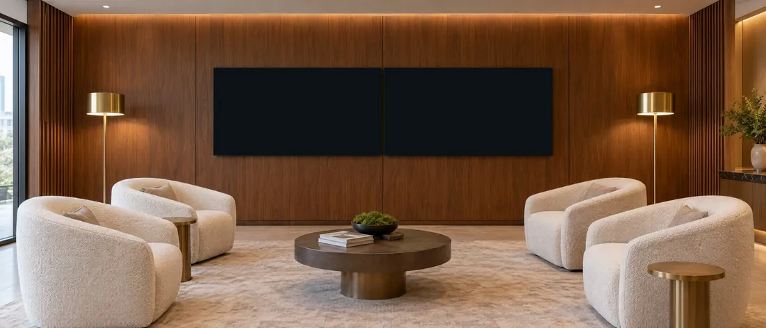 Cosmetic dentistry lounge, video wall 2×1: Two screens play as one, in step: one wide picture, then the message travels across both