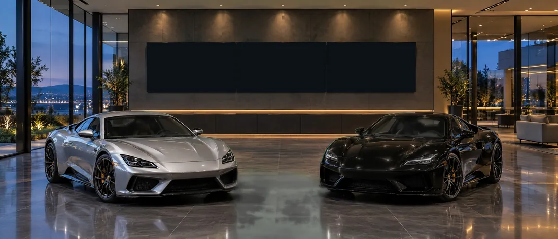 Luxury car showroom, video wall 3×1: Three screens, one picture: the road pans across them, then the offer travels screen to screen