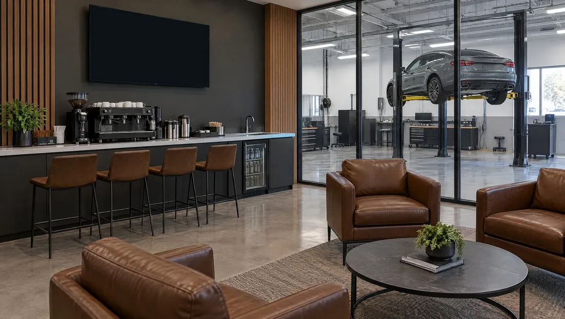 Dealership service lounge: While customers wait: service offers, the weather and the news