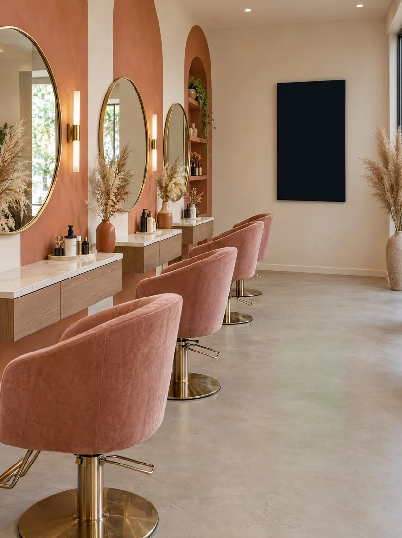 Beauty salon, portrait screen: Services and specials at the end of the styling stations