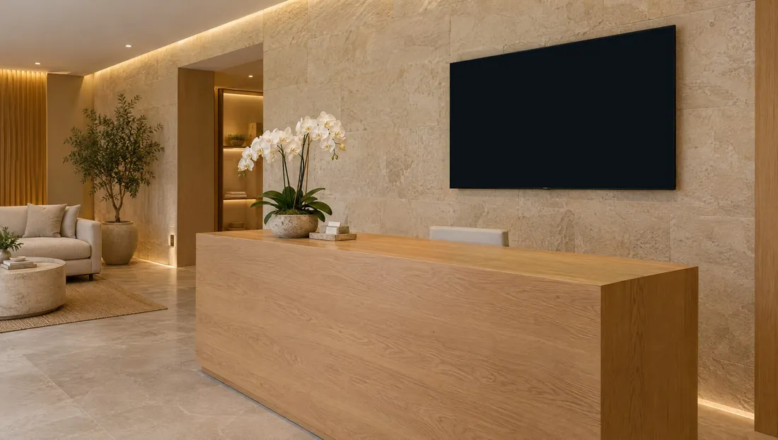 Day spa reception: Calm full screens and gift card reminders behind the desk