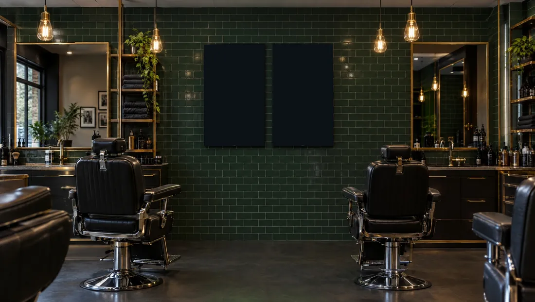 Barbershop, video wall of two portrait screens: Two portrait TVs side by side make one square canvas