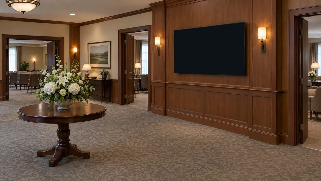 Funeral home foyer, services board: Today’s services, room by room, updated from MPV as plans change