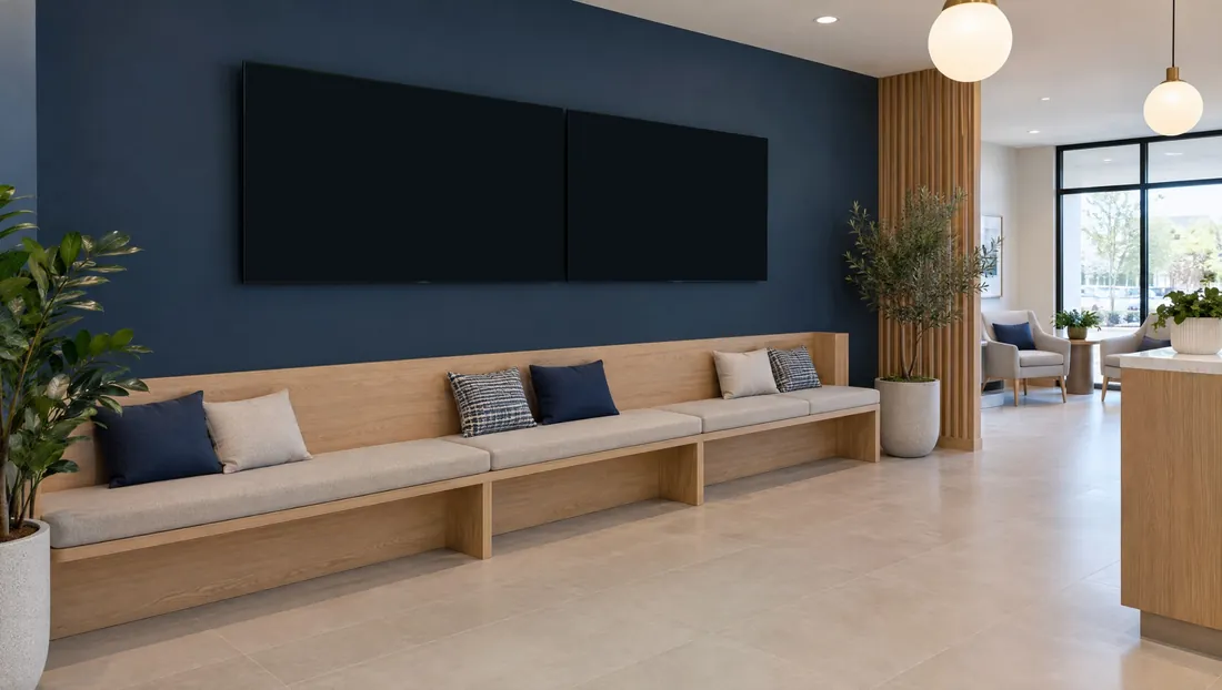 Family dental waiting room, video wall 2×1: A wide photo across two TVs, then news that travels from one screen to the next