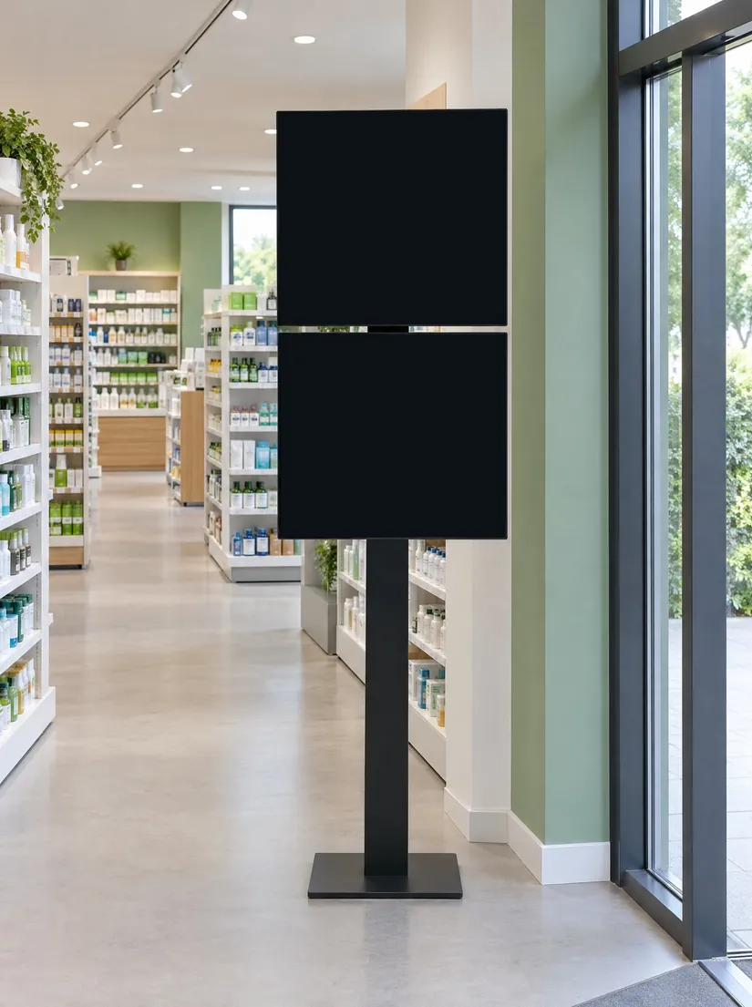 Pharmacy entrance, stacked video wall 1×2: Two screens stacked into one tall totem: messages drop from the top screen to the bottom one